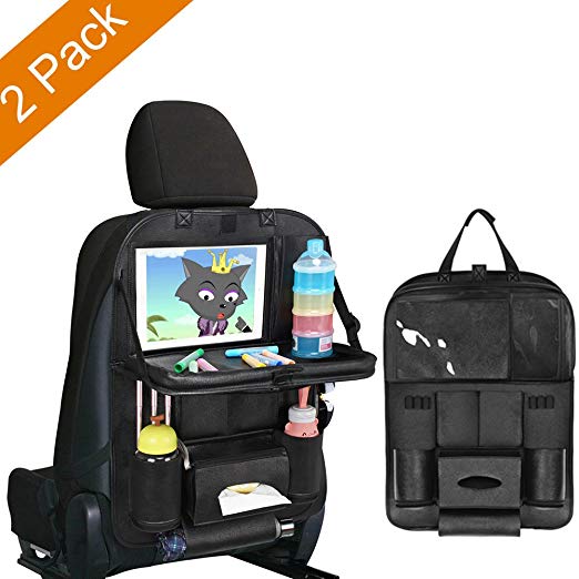 Car Seat Back Organizer, Pushingbest Foldable Car Dining Table Touch Screen Tablet Holder Bottles Holder Multifunctional Car Back Seat Organizer (Black 2)