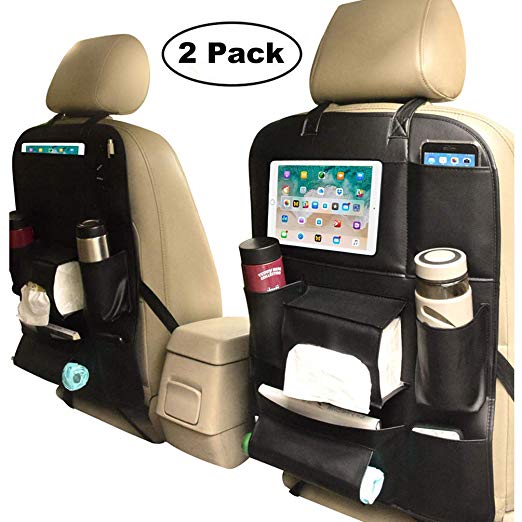 Backseat Car Organizer for Kids and Toddlers, Car Back Seat Organizer with iPad Tablet Holder, Car Kick Mat Seat Back Protector with Multi Storage Pockets (Black, 2 Pack)