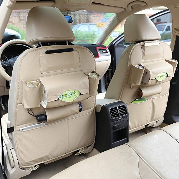 Altopcar Back Seat Pocket, Favson PU Leather Car Backseat Organizer Storage Pocket (2 Pack, Beige)