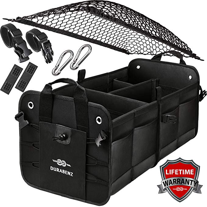 Car Trunk Organizer For SUV - Minivan - Sedan With Net Cover And Stainless Hooks - Black, Durabenz