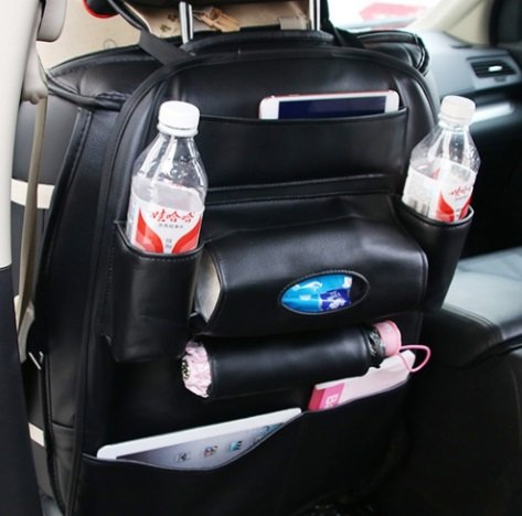 TRUE LINE Automotive One Piece Car Organizer Black Leather Seat Back Kick Protector Storage Baby Organizer