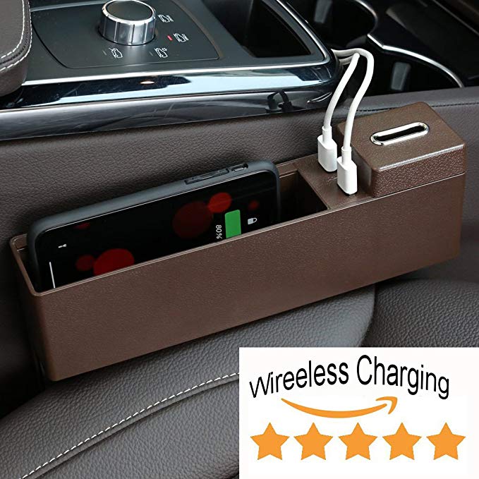 Poker Wolf Car Wireless Charging Console Side Pocket Organizer - Auto Seat Gap Filler Storage Box - Removable Coin Collector & 2 USB Charging Ports - Car Interior Accessories Black (Mocha Brown)