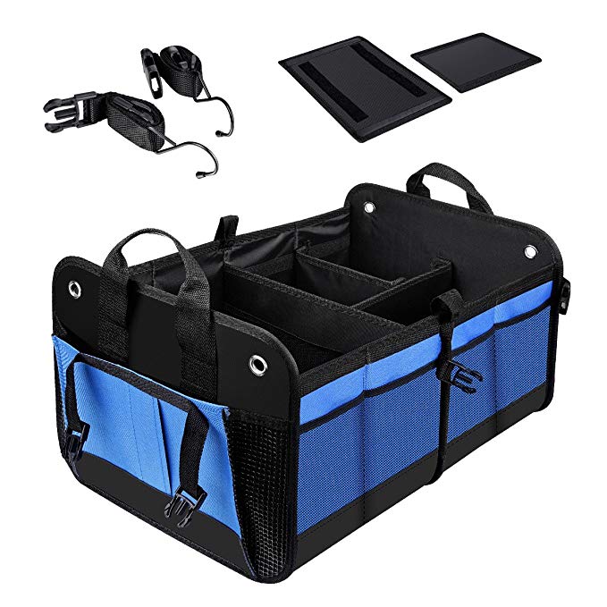 QIANLI Car Trunk Organizer– Portable Collapsible Multi Compartments Car Trunk Cargo Non-Slip Storage Organizer Carrier for Car, Blue