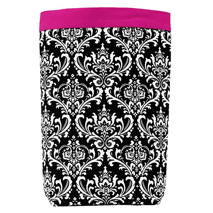 Car Trash Bag - HEADREST Style (BLACK DAMASK/ PINK BAND) Wipeable Oilcloth Lining by GreenGoose Car Bags