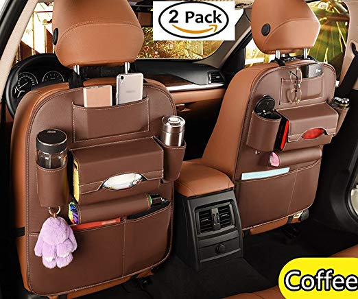 2Pack PU Leather Premium Car Seat Back Organizer Travel Accessories, Car Seat Back Organizer Seat Protector/Kick mats Back seat Protector and iPad Mini Cup Holder Holder,Universal Use Seat Covers