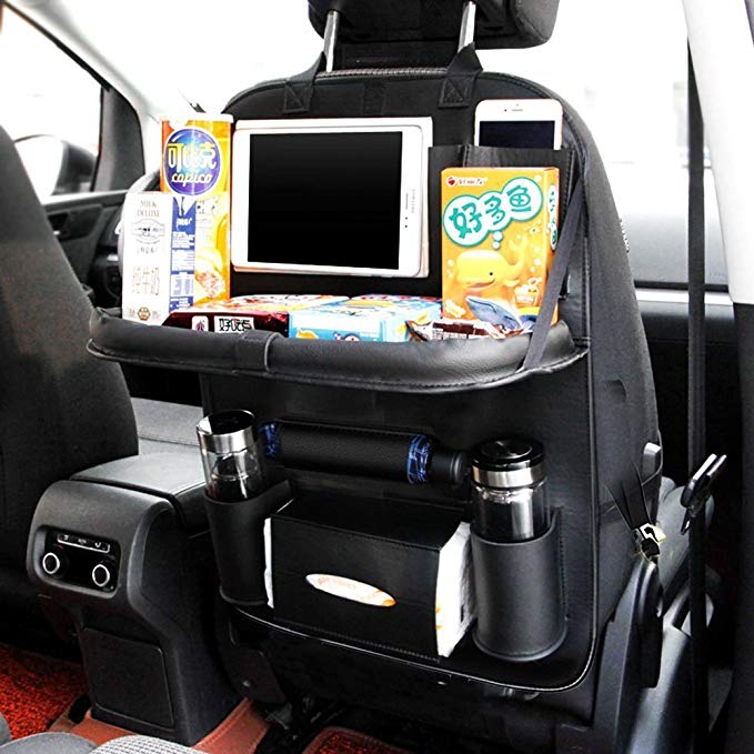 JAUTO Car Back Seat Organizers PU Leather Back Seat Organizer for Kids Toy Bottles Storage with Foldable Dining Table Tablet Holder Pocket Storage Kick Mats(Black with Table Tray 1PC)